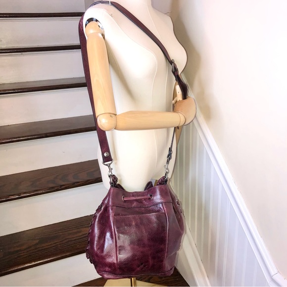 PATRICIA NASH Red Wine Woven Leather Crossbody Shoulder Bucket Bag w/ Grommets - Picture 7 of 17